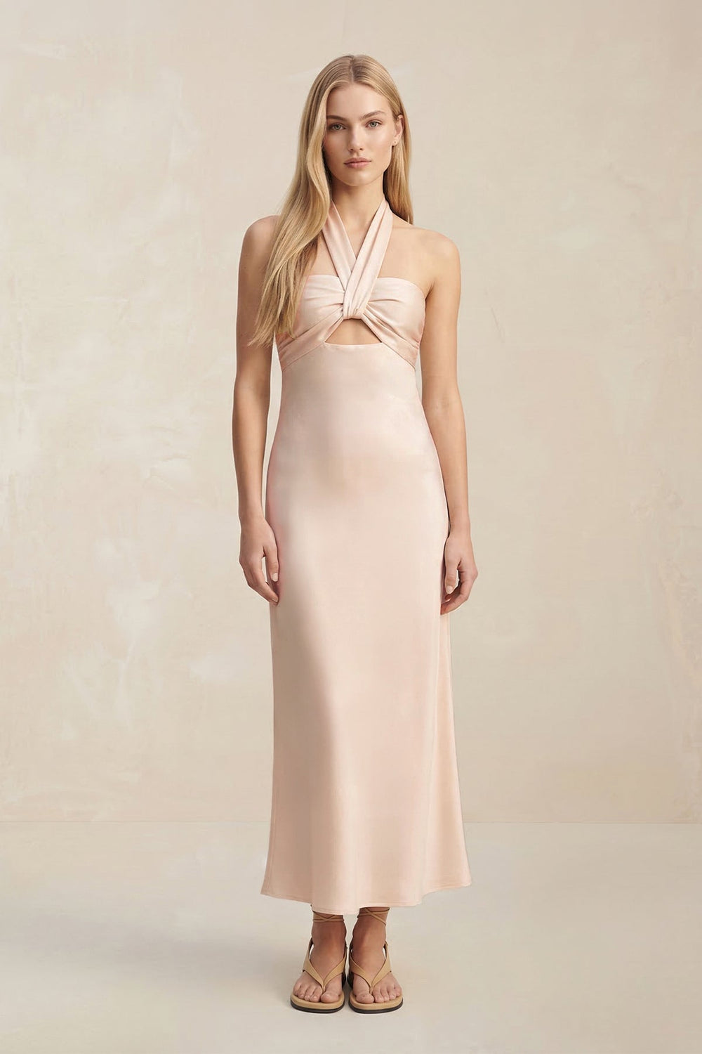 Halter Keyhole Sheath Midi Bridesmaid Dress in Buttercream - KISS BRIDAL Bridesmaid Dresses