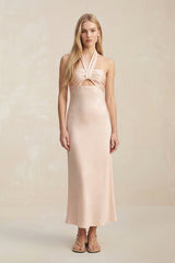 Halter Keyhole Sheath Midi Bridesmaid Dress in Buttercream - KISS BRIDAL Bridesmaid Dresses