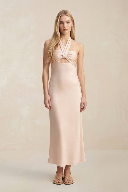 Halter Keyhole Sheath Midi Bridesmaid Dress in Buttercream - KISS BRIDAL Bridesmaid Dresses