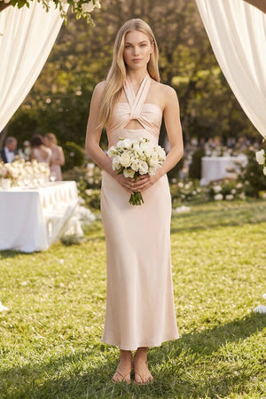 Halter Keyhole Sheath Midi Bridesmaid Dress in Buttercream - KISS BRIDAL Bridesmaid Dresses