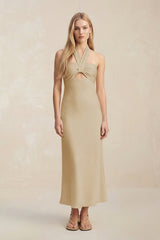 Halter Keyhole Sheath Midi Bridesmaid Dress in Champagne - KISS BRIDAL Bridesmaid Dresses