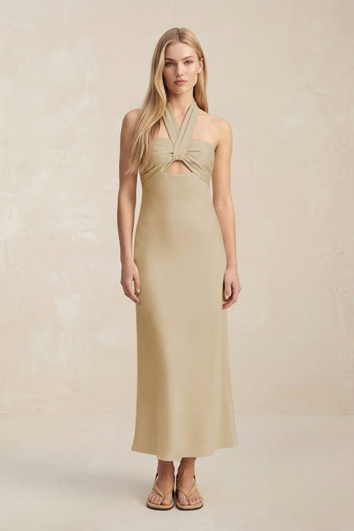Halter Keyhole Sheath Midi Bridesmaid Dress in Champagne - KISS BRIDAL Bridesmaid Dresses