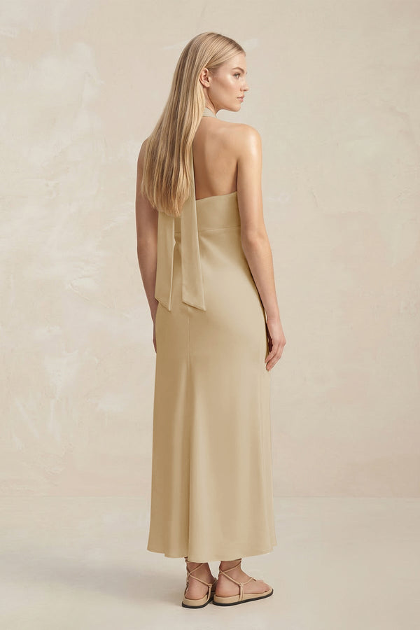 Halter Keyhole Sheath Midi Bridesmaid Dress in Champagne - KISS BRIDAL Bridesmaid Dresses