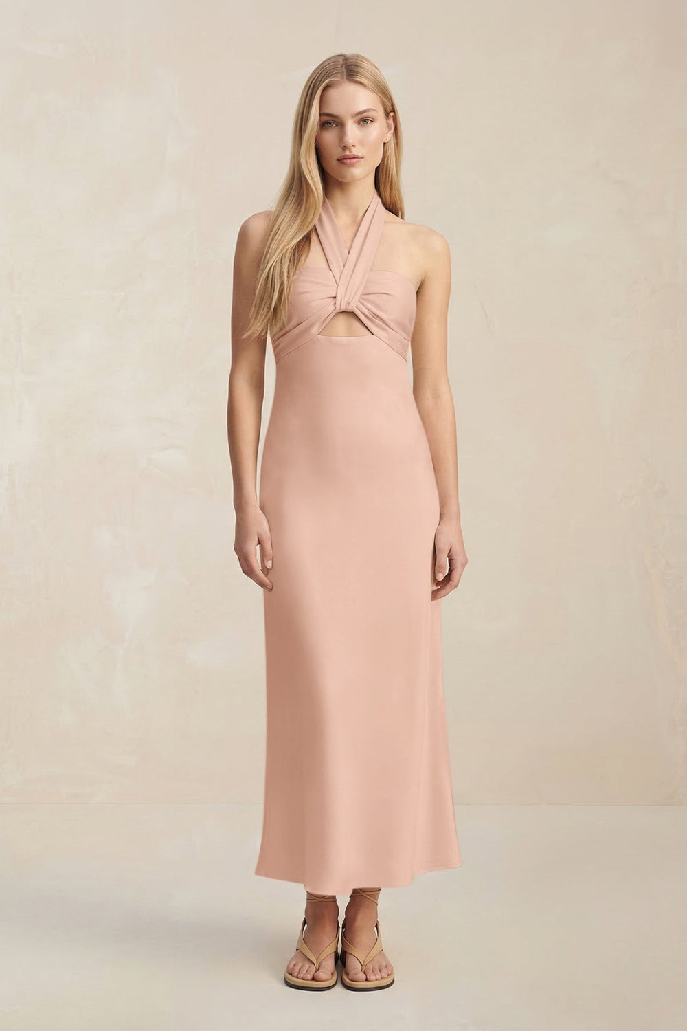 Halter Keyhole Sheath Midi Bridesmaid Dress in Champagne Rose - KISS BRIDAL Bridesmaid Dresses