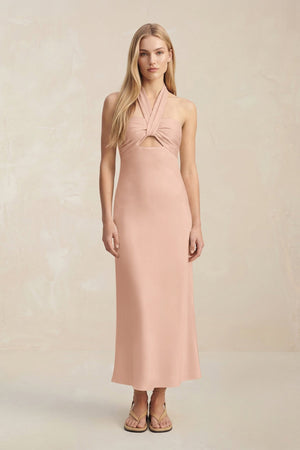 Halter Keyhole Sheath Midi Bridesmaid Dress in Champagne Rose - KISS BRIDAL Bridesmaid Dresses