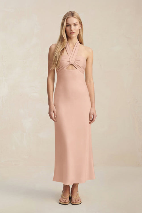 Halter Keyhole Sheath Midi Bridesmaid Dress in Champagne Rose - KISS BRIDAL Bridesmaid Dresses