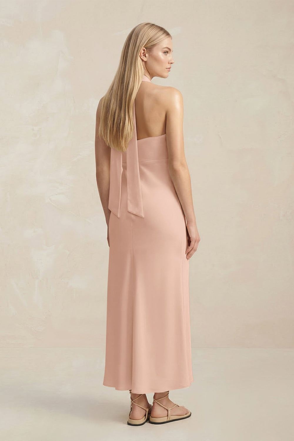 Halter Keyhole Sheath Midi Bridesmaid Dress in Champagne Rose - KISS BRIDAL Bridesmaid Dresses