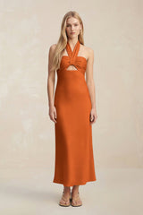 Halter Keyhole Sheath Midi Bridesmaid Dress in Cinnamon - KISS BRIDAL Bridesmaid Dresses