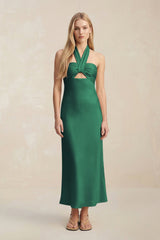 Halter Keyhole Sheath Midi Bridesmaid Dress in Dark Green - KISS BRIDAL Bridesmaid Dresses