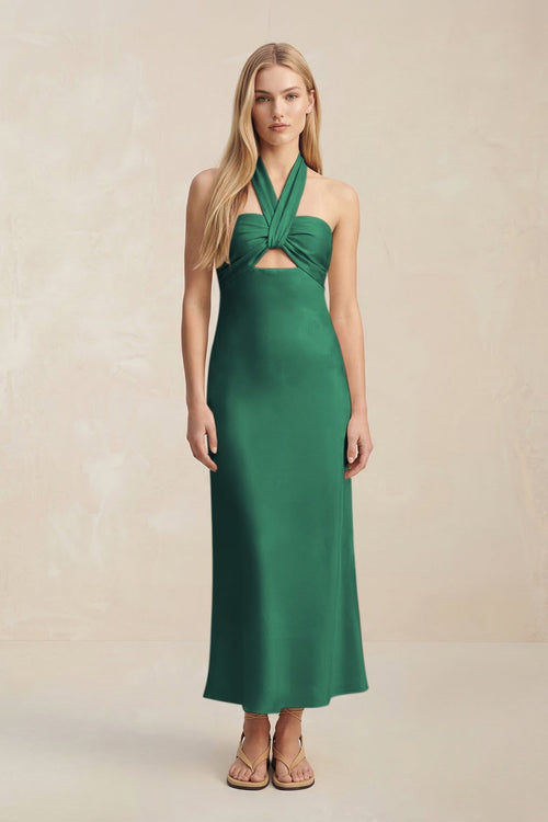 Halter Keyhole Sheath Midi Bridesmaid Dress in Dark Green - KISS BRIDAL Bridesmaid Dresses