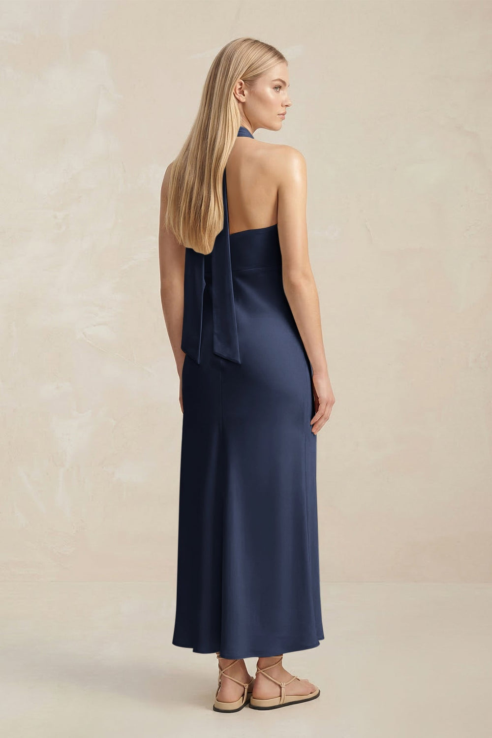 Halter Keyhole Sheath Midi Bridesmaid Dress in Dark Navy - KISS BRIDAL Bridesmaid Dresses