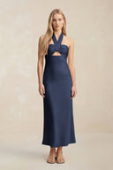 Halter Keyhole Sheath Midi Bridesmaid Dress in Dark Navy - KISS BRIDAL Bridesmaid Dresses