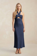 Halter Keyhole Sheath Midi Bridesmaid Dress in Dark Navy - KISS BRIDAL Bridesmaid Dresses