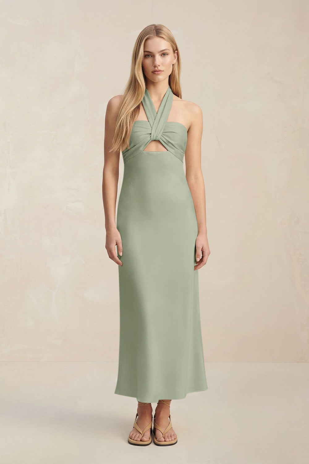 Halter Keyhole Sheath Midi Bridesmaid Dress in Dove Gray - KISS BRIDAL Bridesmaid Dresses