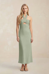 Halter Keyhole Sheath Midi Bridesmaid Dress in Dove Gray - KISS BRIDAL Bridesmaid Dresses