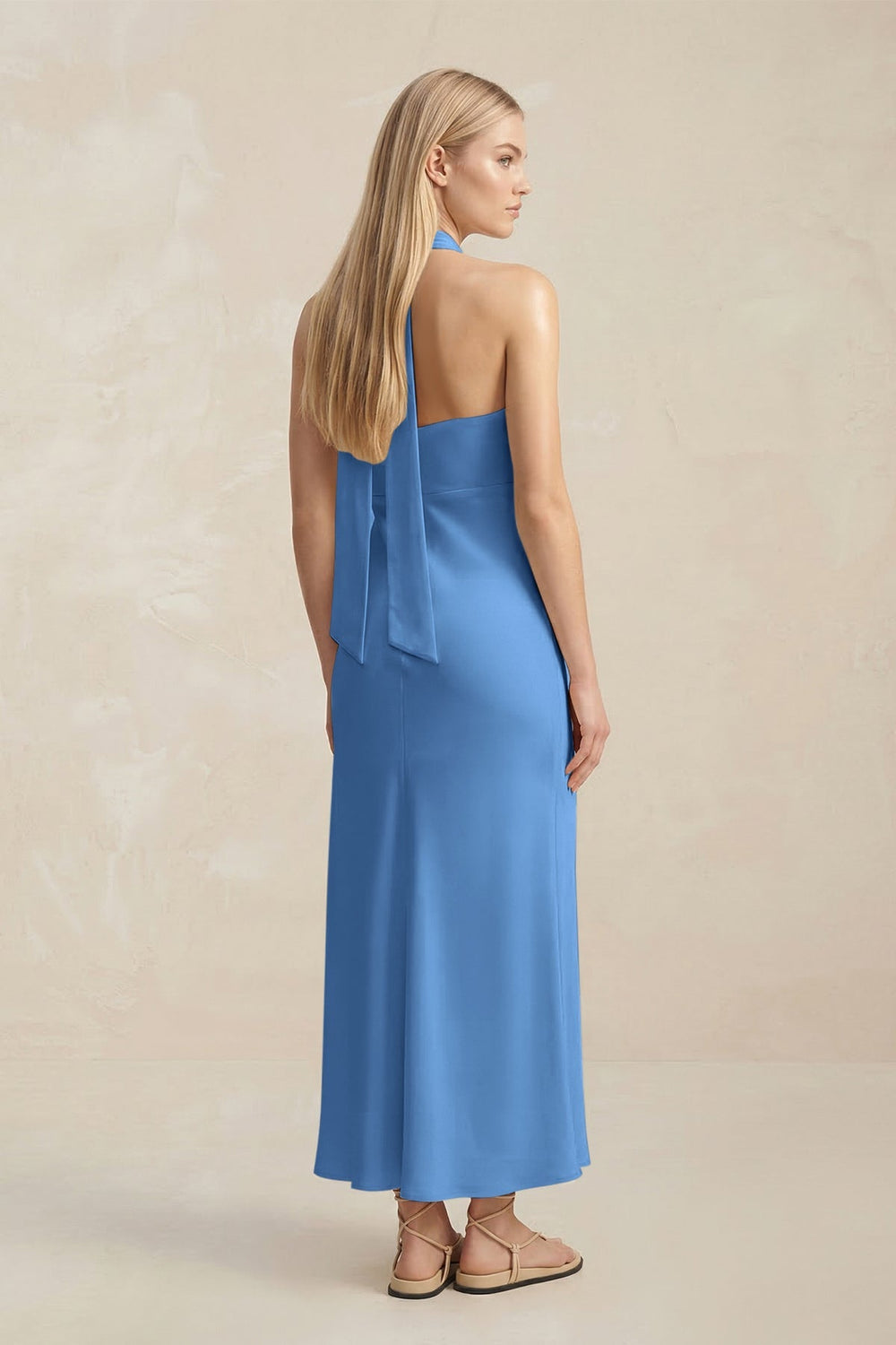 Halter Keyhole Sheath Midi Bridesmaid Dress in Dusty Blue - KISS BRIDAL Bridesmaid Dresses
