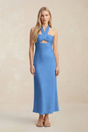 Halter Keyhole Sheath Midi Bridesmaid Dress in Dusty Blue - KISS BRIDAL Bridesmaid Dresses