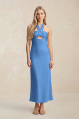 Halter Keyhole Sheath Midi Bridesmaid Dress in Dusty Blue - KISS BRIDAL Bridesmaid Dresses