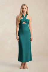 Halter Keyhole Sheath Midi Bridesmaid Dress in Emerald - KISS BRIDAL Bridesmaid Dresses