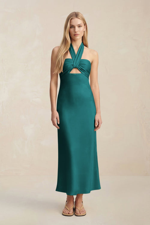 Halter Keyhole Sheath Midi Bridesmaid Dress in Emerald - KISS BRIDAL Bridesmaid Dresses