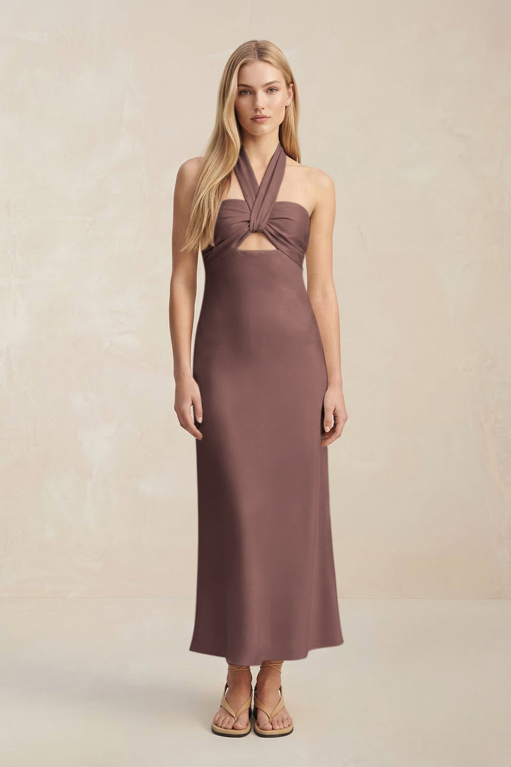 Halter Keyhole Sheath Midi Bridesmaid Dress in Espresso - KISS BRIDAL Bridesmaid Dresses