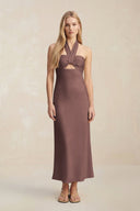 Halter Keyhole Sheath Midi Bridesmaid Dress in Espresso - KISS BRIDAL Bridesmaid Dresses