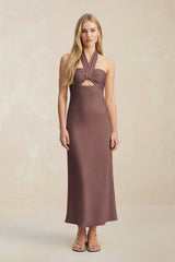 Halter Keyhole Sheath Midi Bridesmaid Dress in Espresso - KISS BRIDAL Bridesmaid Dresses