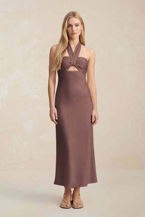 Halter Keyhole Sheath Midi Bridesmaid Dress in Espresso - KISS BRIDAL Bridesmaid Dresses