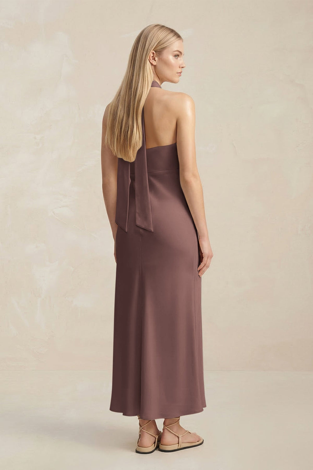 Halter Keyhole Sheath Midi Bridesmaid Dress in Espresso - KISS BRIDAL Bridesmaid Dresses