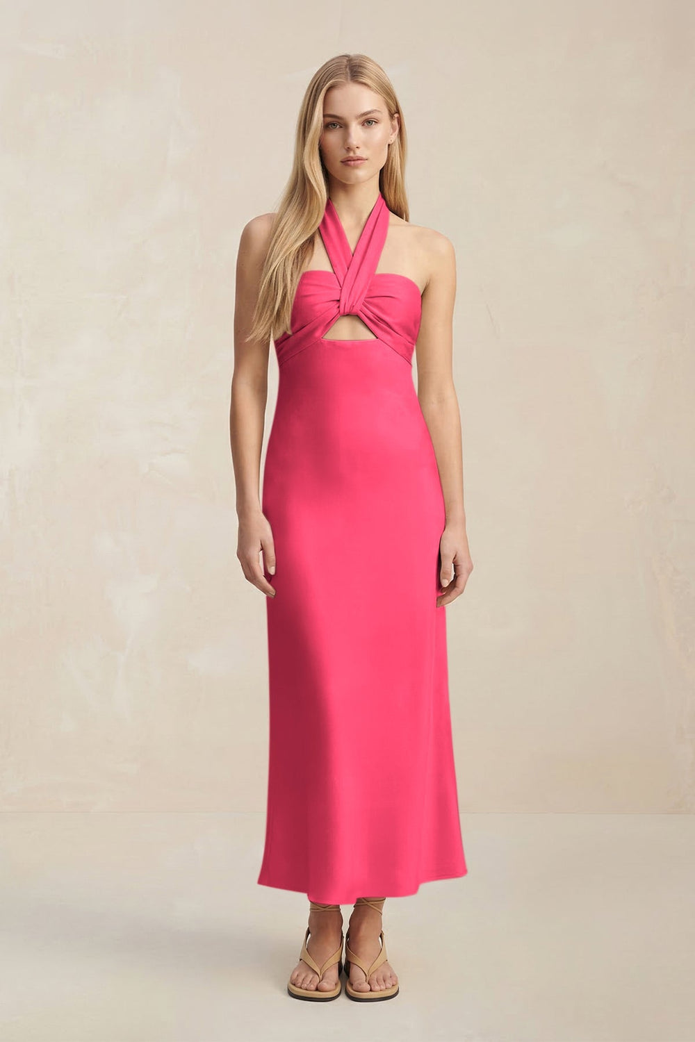 Halter Keyhole Sheath Midi Bridesmaid Dress in Fuchsia - KISS BRIDAL Bridesmaid Dresses