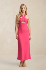 Halter Keyhole Sheath Midi Bridesmaid Dress in Fuchsia - KISS BRIDAL Bridesmaid Dresses