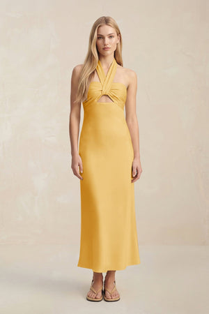 Halter Keyhole Sheath Midi Bridesmaid Dress in Gold - KISS BRIDAL Bridesmaid Dresses