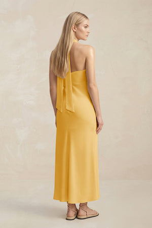 Halter Keyhole Sheath Midi Bridesmaid Dress in Gold - KISS BRIDAL Bridesmaid Dresses