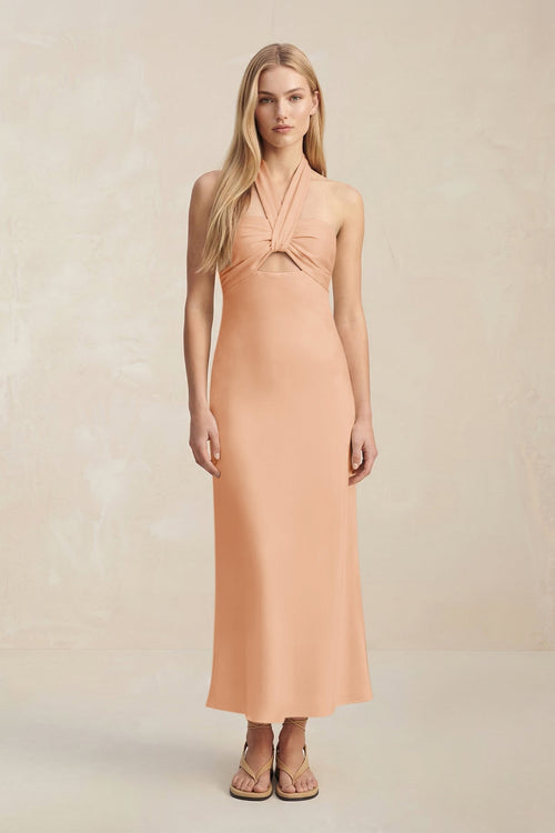 Halter Keyhole Sheath Midi Bridesmaid Dress in Golden Champagne - KISS BRIDAL Bridesmaid Dresses