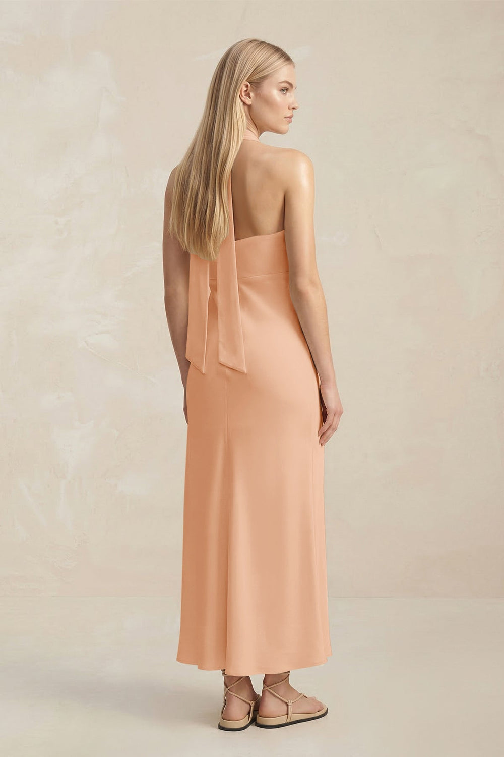 Halter Keyhole Sheath Midi Bridesmaid Dress in Golden Champagne - KISS BRIDAL Bridesmaid Dresses
