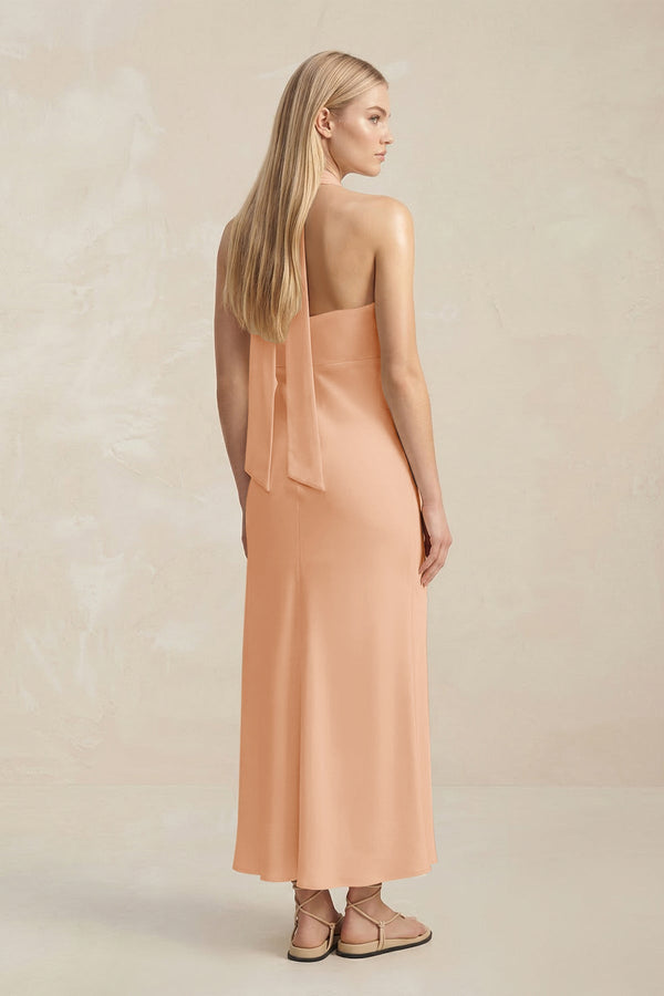 Halter Keyhole Sheath Midi Bridesmaid Dress in Golden Champagne - KISS BRIDAL Bridesmaid Dresses