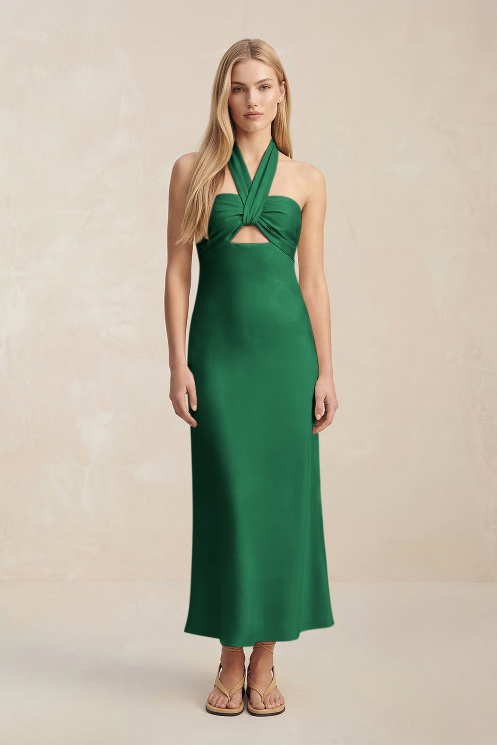 Halter Keyhole Sheath Midi Bridesmaid Dress in Green - KISS BRIDAL Bridesmaid Dresses