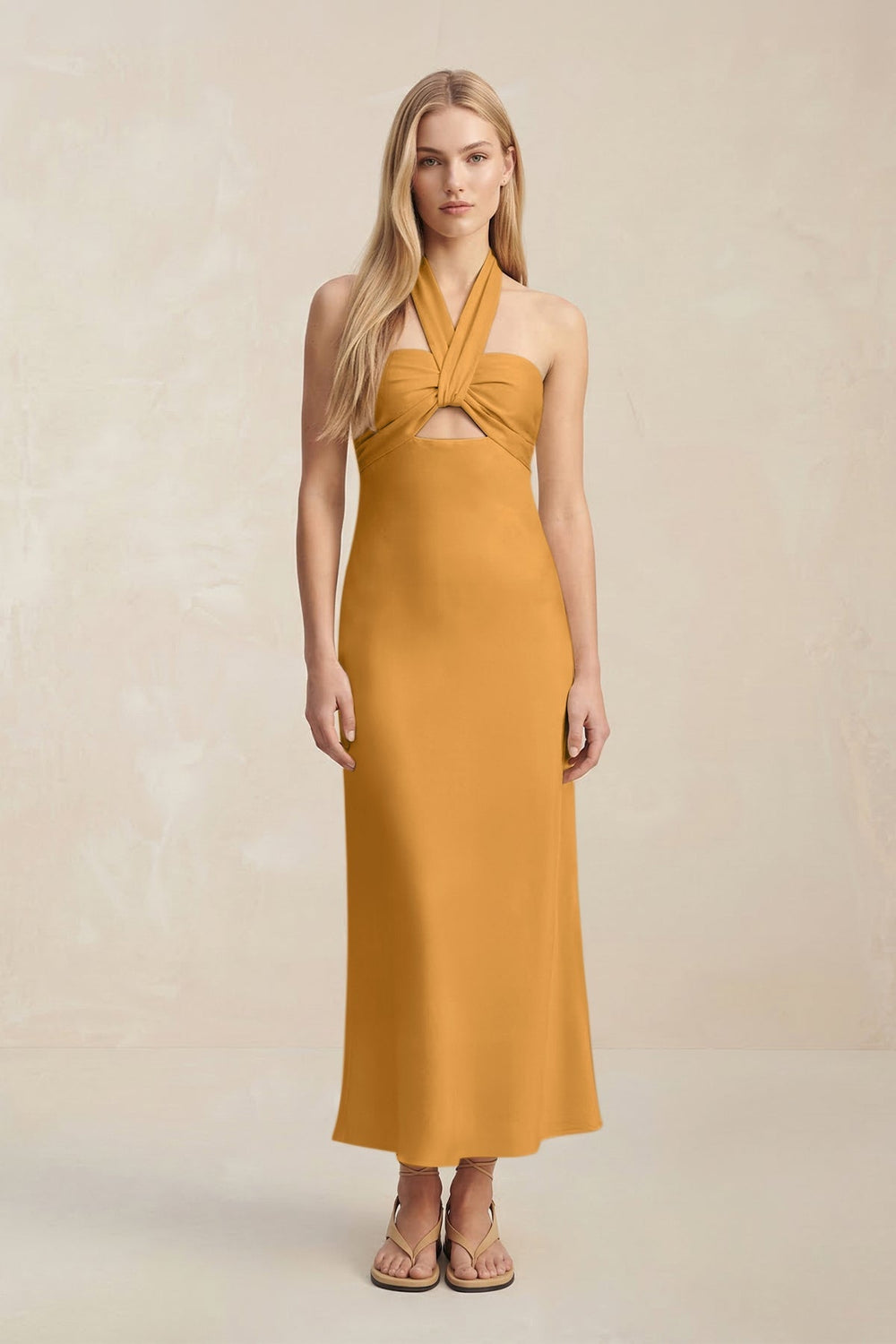 Halter Keyhole Sheath Midi Bridesmaid Dress in Marigold - KISS BRIDAL Bridesmaid Dresses