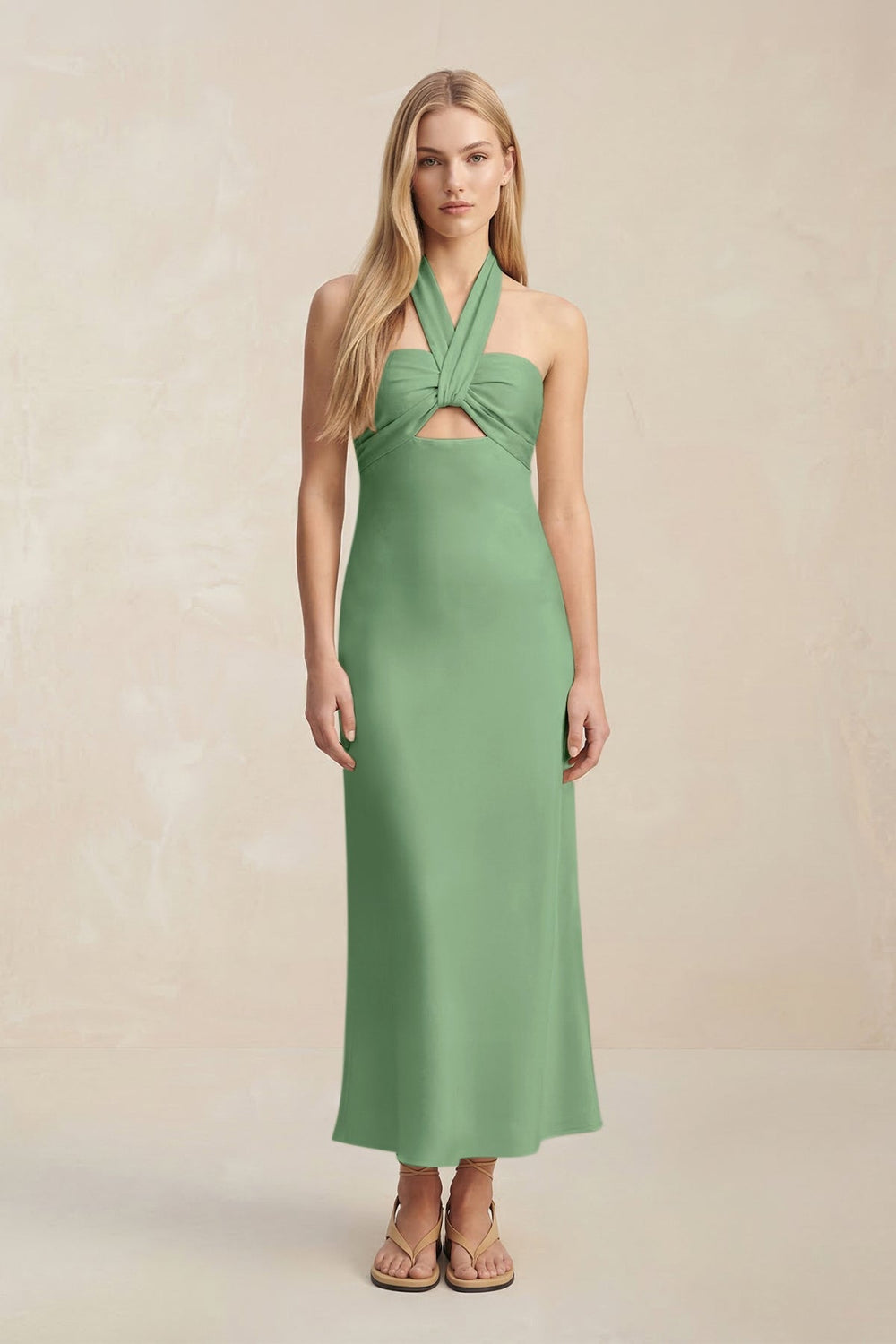 Halter Keyhole Sheath Midi Bridesmaid Dress in Matcha - KISS BRIDAL Bridesmaid Dresses