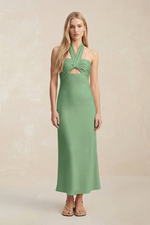 Halter Keyhole Sheath Midi Bridesmaid Dress in Matcha - KISS BRIDAL Bridesmaid Dresses