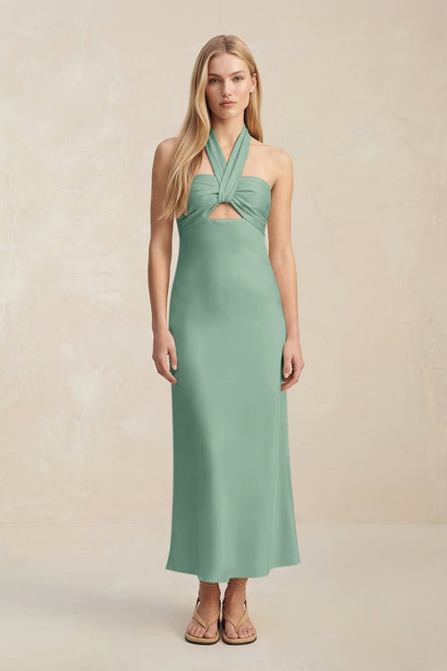 Halter Keyhole Sheath Midi Bridesmaid Dress in Mint Green - KISS BRIDAL Bridesmaid Dresses