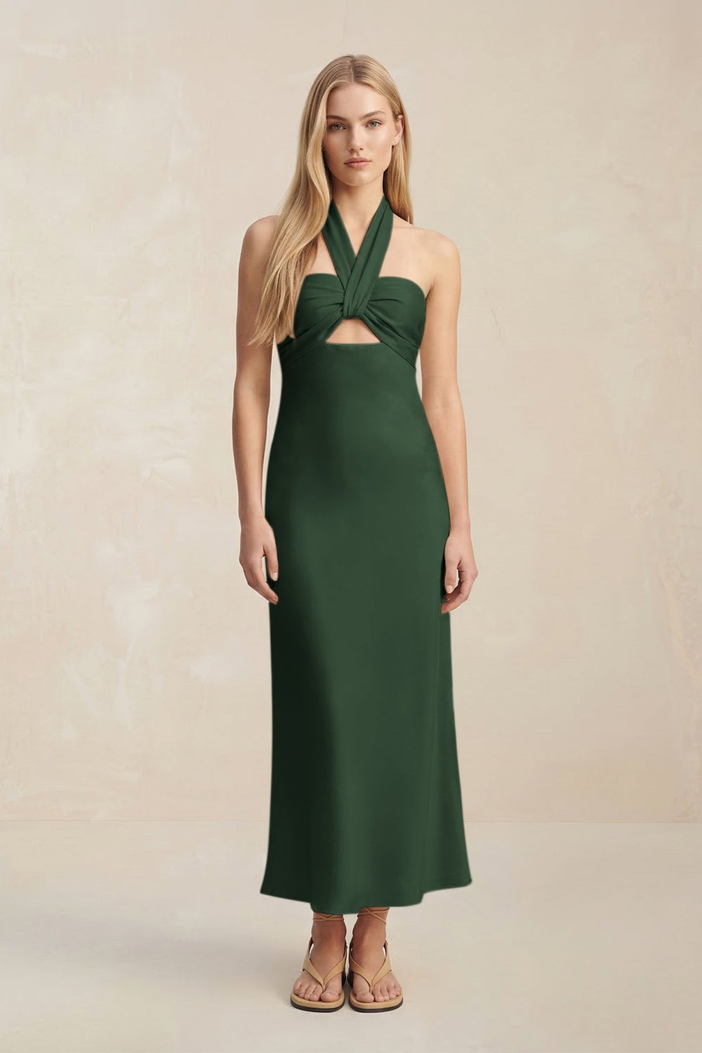 Halter Keyhole Sheath Midi Bridesmaid Dress in Moss - KISS BRIDAL Bridesmaid Dresses
