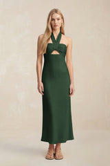 Halter Keyhole Sheath Midi Bridesmaid Dress in Moss - KISS BRIDAL Bridesmaid Dresses