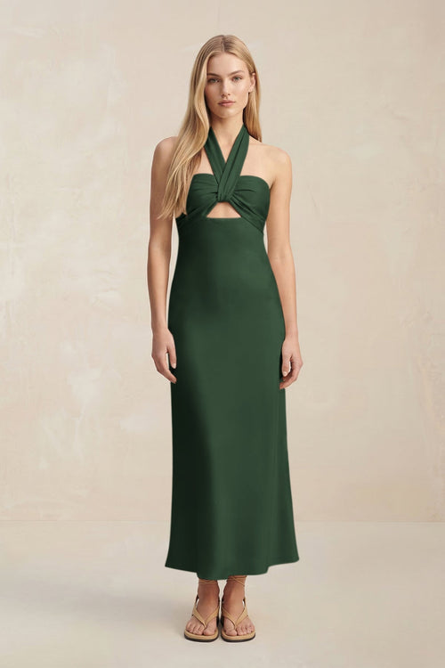 Halter Keyhole Sheath Midi Bridesmaid Dress in Moss - KISS BRIDAL Bridesmaid Dresses