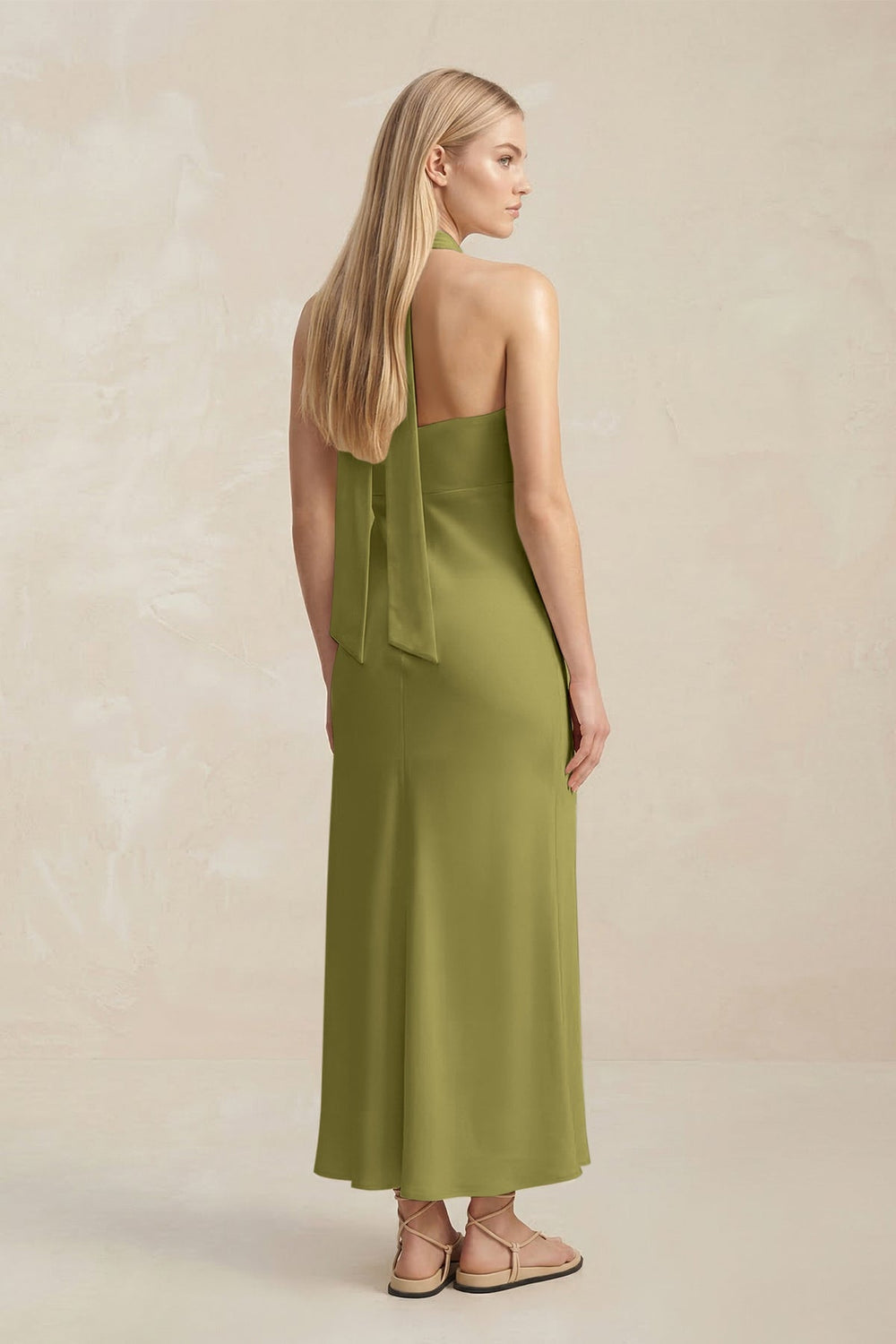 Halter Keyhole Sheath Midi Bridesmaid Dress in Moss Green - KISS BRIDAL Bridesmaid Dresses
