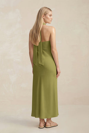 Halter Keyhole Sheath Midi Bridesmaid Dress in Moss Green - KISS BRIDAL Bridesmaid Dresses