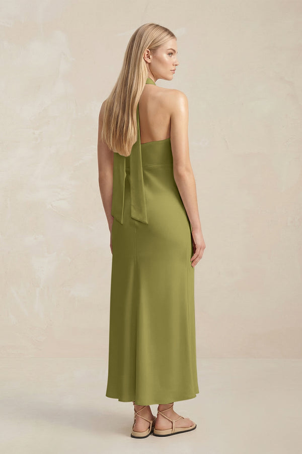 Halter Keyhole Sheath Midi Bridesmaid Dress in Moss Green - KISS BRIDAL Bridesmaid Dresses