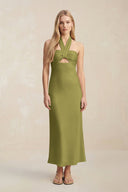 Halter Keyhole Sheath Midi Bridesmaid Dress in Moss Green - KISS BRIDAL Bridesmaid Dresses