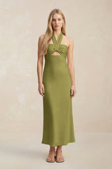 Halter Keyhole Sheath Midi Bridesmaid Dress in Moss Green - KISS BRIDAL Bridesmaid Dresses