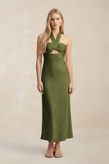 Halter Keyhole Sheath Midi Bridesmaid Dress in Olive - KISS BRIDAL Bridesmaid Dresses